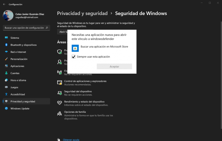 [Windows 11] – Necesito «windowsdefender» para abrir este vínculo